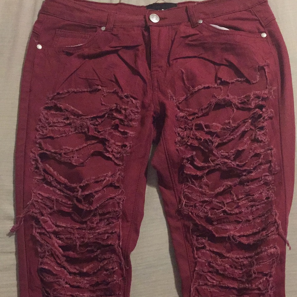Burgundy cut up pants